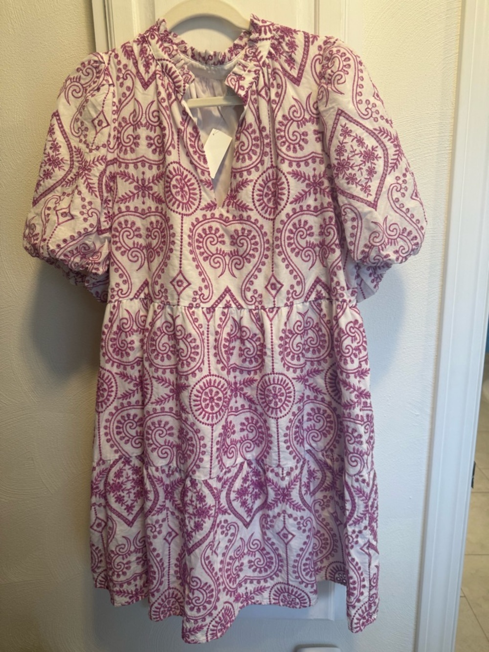 Sugarlips White Dress with Pink Embroidered Swirl Detail